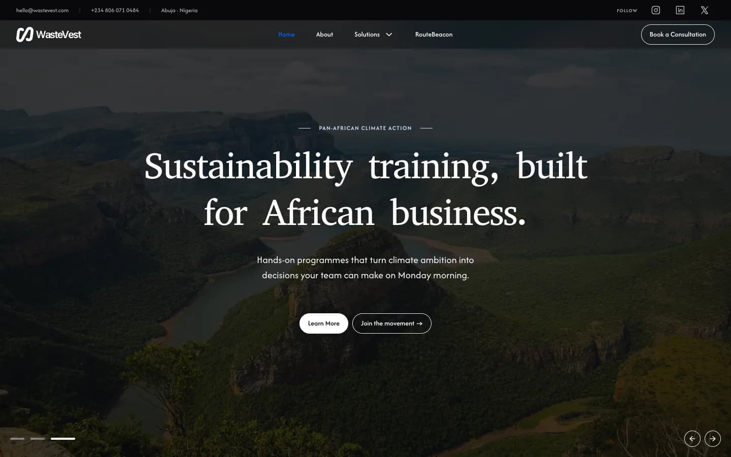WasteVest homepage on desktop: dark navigation bar with the WasteVest logo and a Book a Consultation button above a full-width landscape hero headlined “Sustainability training, built for African business.” with Learn More and Join the movement buttons